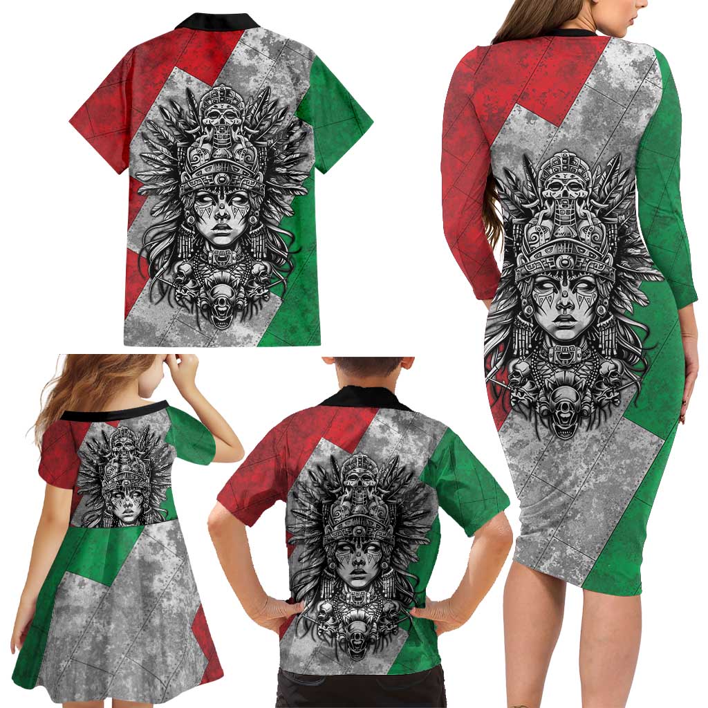 Mexico Aztec Warrior Goddess Family Matching Long Sleeve Bodycon Dress and Hawaiian Shirt Aztec Tribal Skull Tricolor Armor
