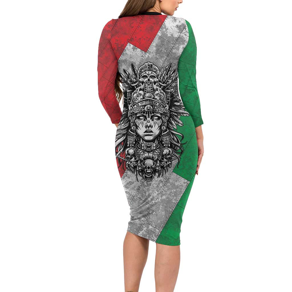 Mexico Aztec Warrior Goddess Family Matching Long Sleeve Bodycon Dress and Hawaiian Shirt Aztec Tribal Skull Tricolor Armor