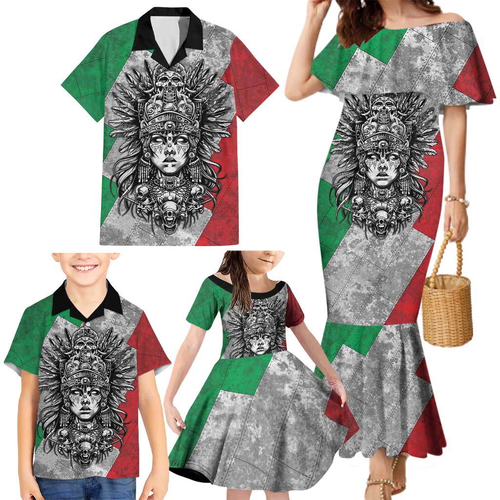 Mexico Aztec Warrior Goddess Family Matching Mermaid Dress and Hawaiian Shirt Aztec Tribal Skull Tricolor Armor