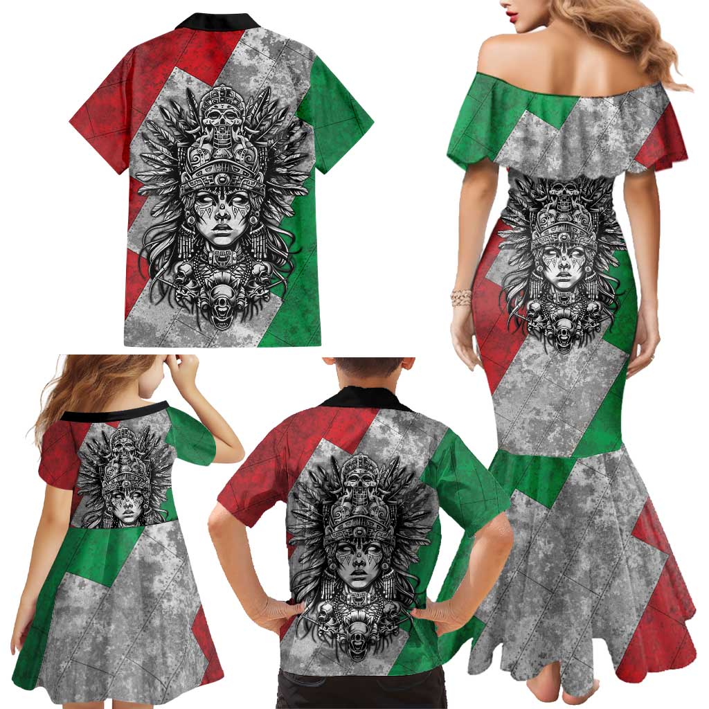 Mexico Aztec Warrior Goddess Family Matching Mermaid Dress and Hawaiian Shirt Aztec Tribal Skull Tricolor Armor