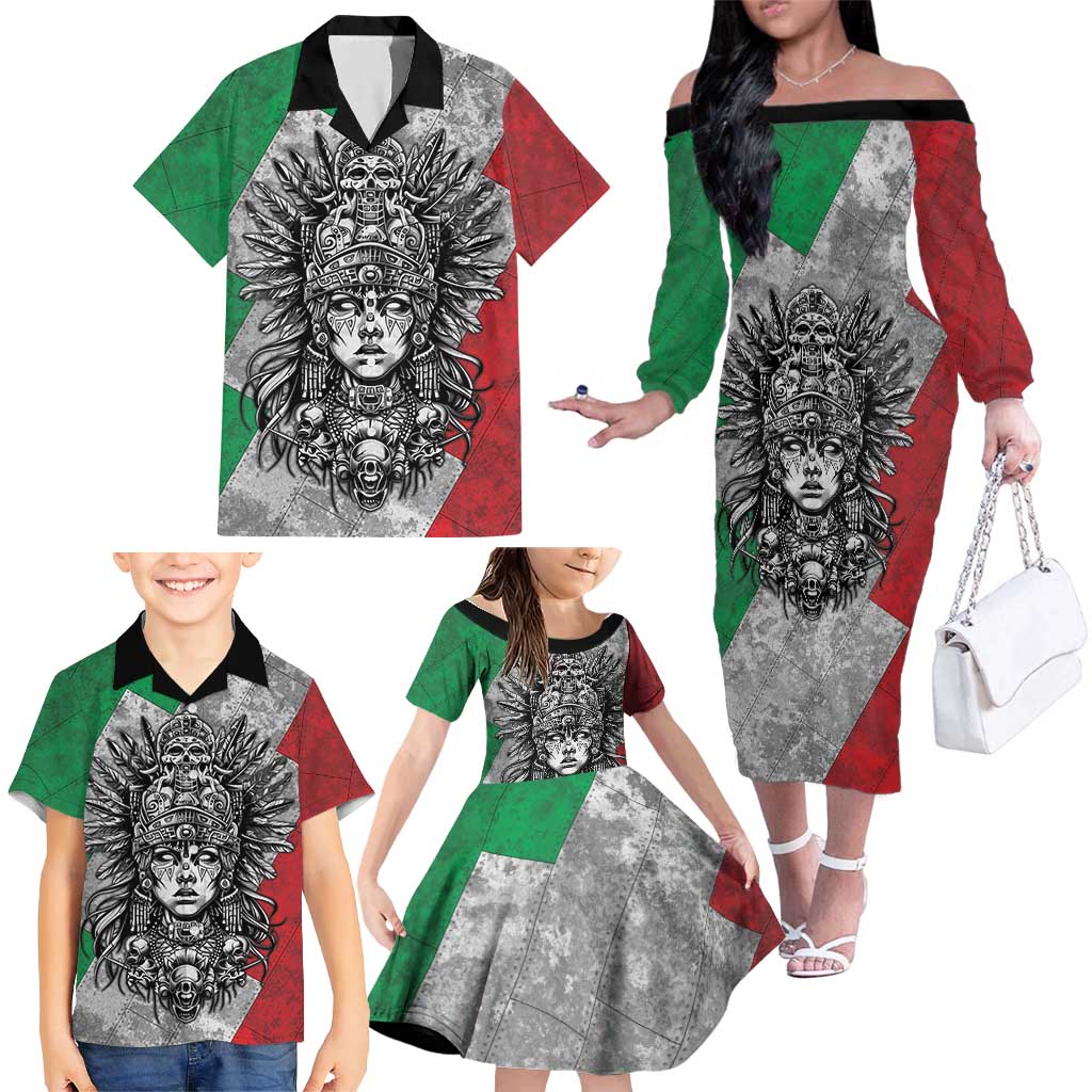 Mexico Aztec Warrior Goddess Family Matching Off The Shoulder Long Sleeve Dress and Hawaiian Shirt Aztec Tribal Skull Tricolor Armor