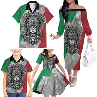 Mexico Aztec Warrior Goddess Family Matching Off The Shoulder Long Sleeve Dress and Hawaiian Shirt Aztec Tribal Skull Tricolor Armor