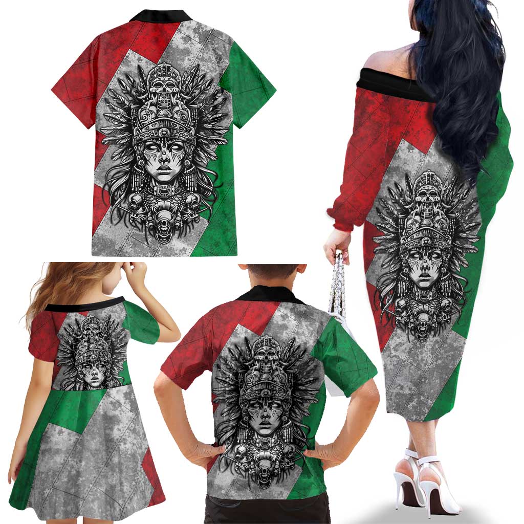Mexico Aztec Warrior Goddess Family Matching Off The Shoulder Long Sleeve Dress and Hawaiian Shirt Aztec Tribal Skull Tricolor Armor