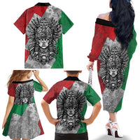 Mexico Aztec Warrior Goddess Family Matching Off The Shoulder Long Sleeve Dress and Hawaiian Shirt Aztec Tribal Skull Tricolor Armor