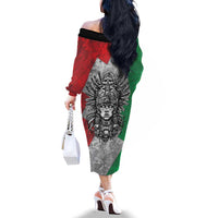 Mexico Aztec Warrior Goddess Family Matching Off The Shoulder Long Sleeve Dress and Hawaiian Shirt Aztec Tribal Skull Tricolor Armor