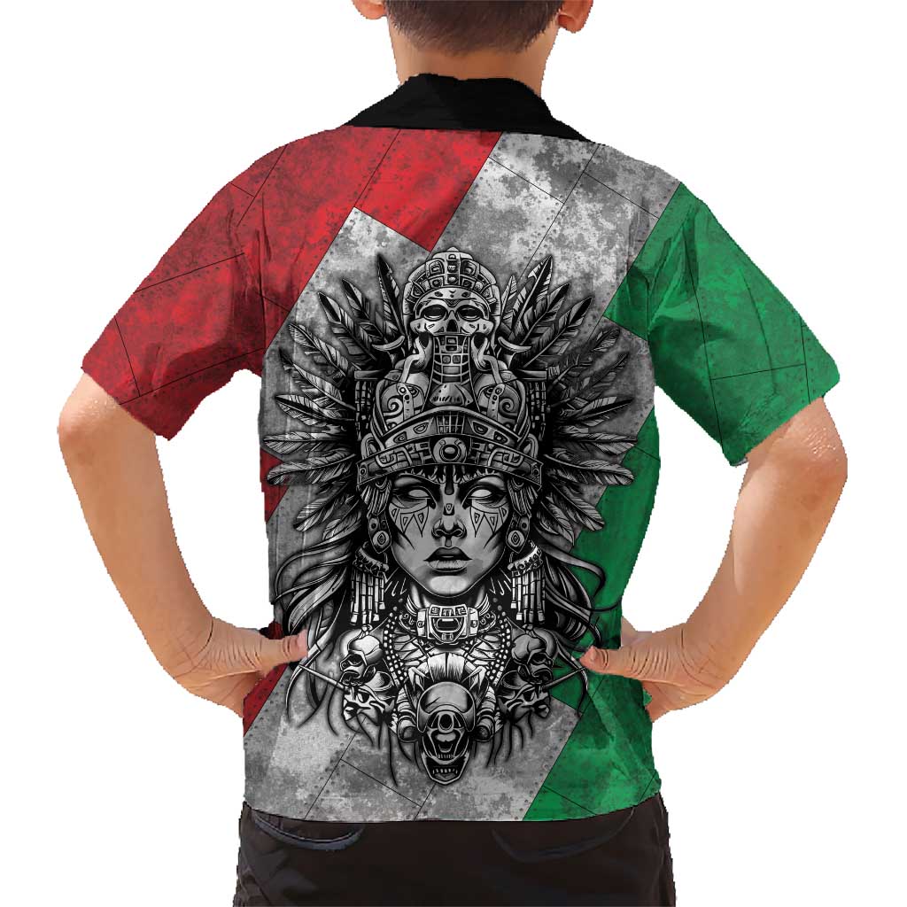 Mexico Aztec Warrior Goddess Family Matching Off Shoulder Maxi Dress and Hawaiian Shirt Aztec Tribal Skull Tricolor Armor