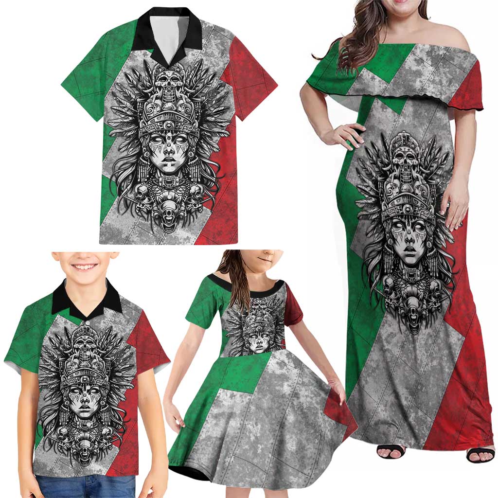 Mexico Aztec Warrior Goddess Family Matching Off Shoulder Maxi Dress and Hawaiian Shirt Aztec Tribal Skull Tricolor Armor