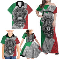 Mexico Aztec Warrior Goddess Family Matching Off Shoulder Maxi Dress and Hawaiian Shirt Aztec Tribal Skull Tricolor Armor