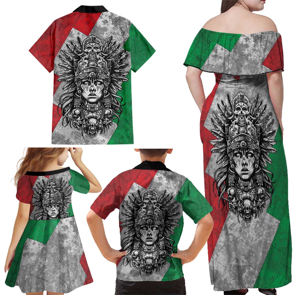 Mexico Aztec Warrior Goddess Family Matching Off Shoulder Maxi Dress and Hawaiian Shirt Aztec Tribal Skull Tricolor Armor