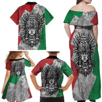 Mexico Aztec Warrior Goddess Family Matching Off Shoulder Maxi Dress and Hawaiian Shirt Aztec Tribal Skull Tricolor Armor
