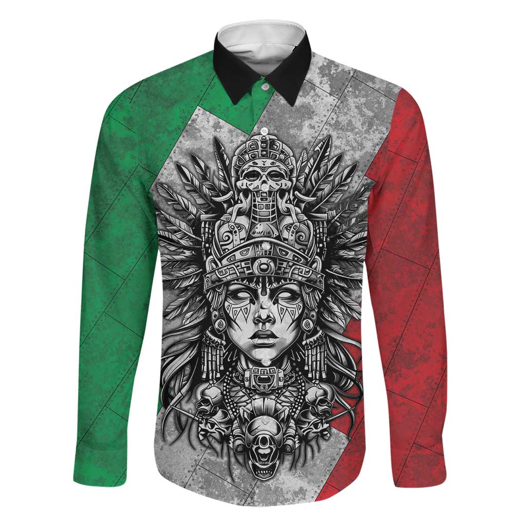 Mexico Aztec Warrior Goddess Family Matching Off Shoulder Maxi Dress and Hawaiian Shirt Aztec Tribal Skull Tricolor Armor
