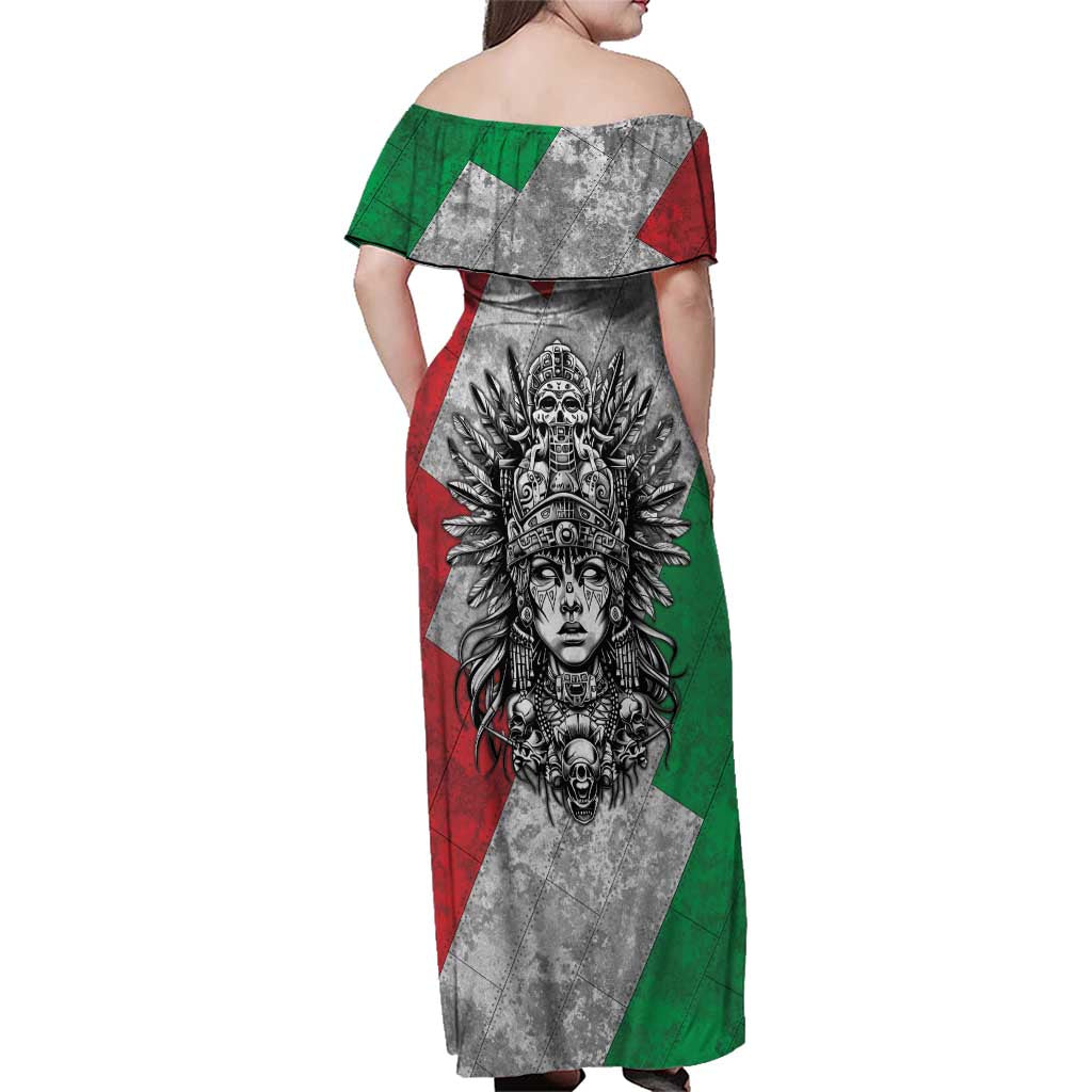 Mexico Aztec Warrior Goddess Family Matching Off Shoulder Maxi Dress and Hawaiian Shirt Aztec Tribal Skull Tricolor Armor