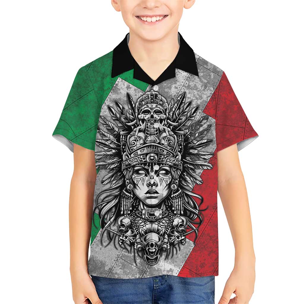 Mexico Aztec Warrior Goddess Family Matching Off Shoulder Maxi Dress and Hawaiian Shirt Aztec Tribal Skull Tricolor Armor