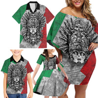 Mexico Aztec Warrior Goddess Family Matching Off Shoulder Short Dress and Hawaiian Shirt Aztec Tribal Skull Tricolor Armor