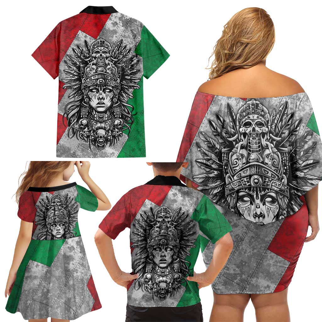 Mexico Aztec Warrior Goddess Family Matching Off Shoulder Short Dress and Hawaiian Shirt Aztec Tribal Skull Tricolor Armor
