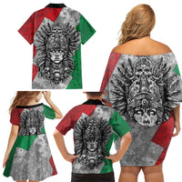 Mexico Aztec Warrior Goddess Family Matching Off Shoulder Short Dress and Hawaiian Shirt Aztec Tribal Skull Tricolor Armor