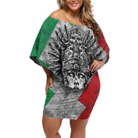 Mexico Aztec Warrior Goddess Family Matching Off Shoulder Short Dress and Hawaiian Shirt Aztec Tribal Skull Tricolor Armor