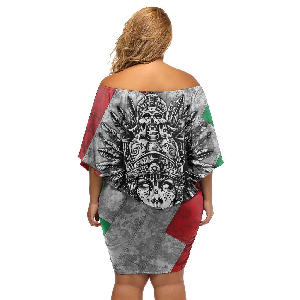 Mexico Aztec Warrior Goddess Family Matching Off Shoulder Short Dress and Hawaiian Shirt Aztec Tribal Skull Tricolor Armor