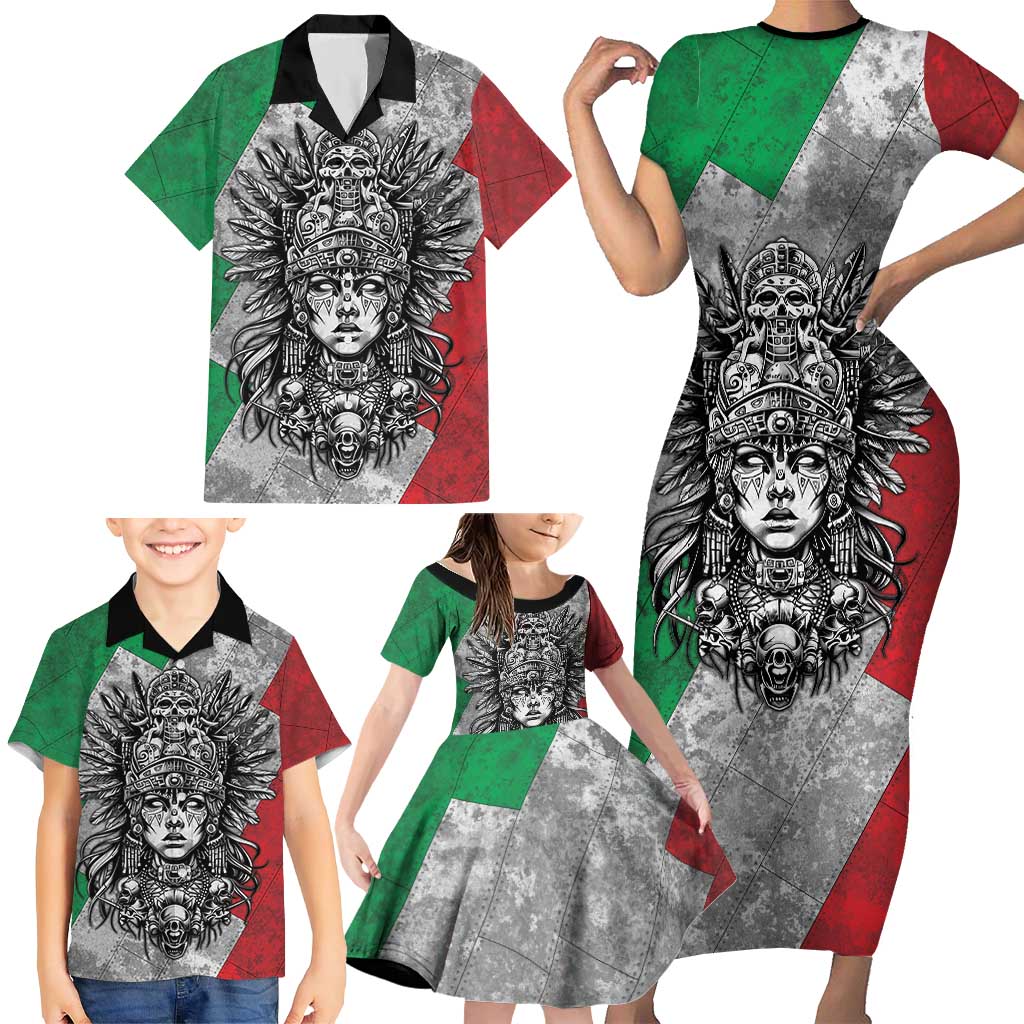Mexico Aztec Warrior Goddess Family Matching Short Sleeve Bodycon Dress and Hawaiian Shirt Aztec Tribal Skull Tricolor Armor