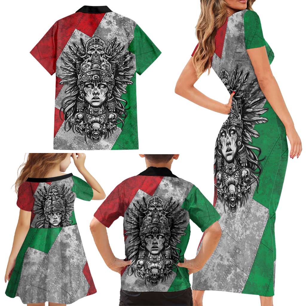 Mexico Aztec Warrior Goddess Family Matching Short Sleeve Bodycon Dress and Hawaiian Shirt Aztec Tribal Skull Tricolor Armor