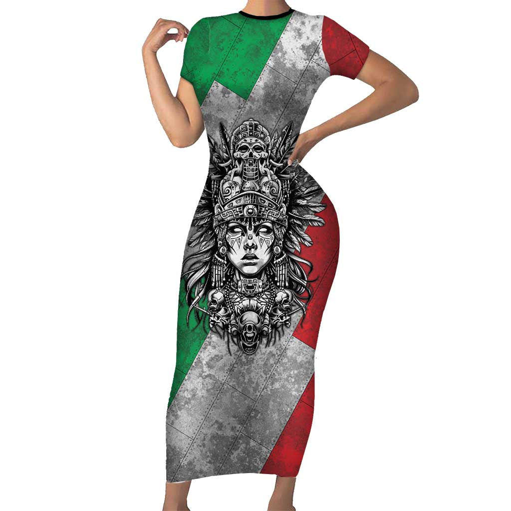 Mexico Aztec Warrior Goddess Family Matching Short Sleeve Bodycon Dress and Hawaiian Shirt Aztec Tribal Skull Tricolor Armor