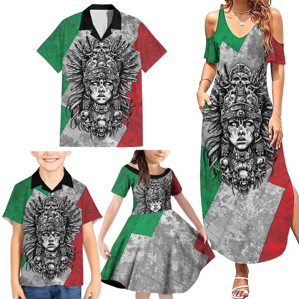 Mexico Aztec Warrior Goddess Family Matching Summer Maxi Dress and Hawaiian Shirt Aztec Tribal Skull Tricolor Armor