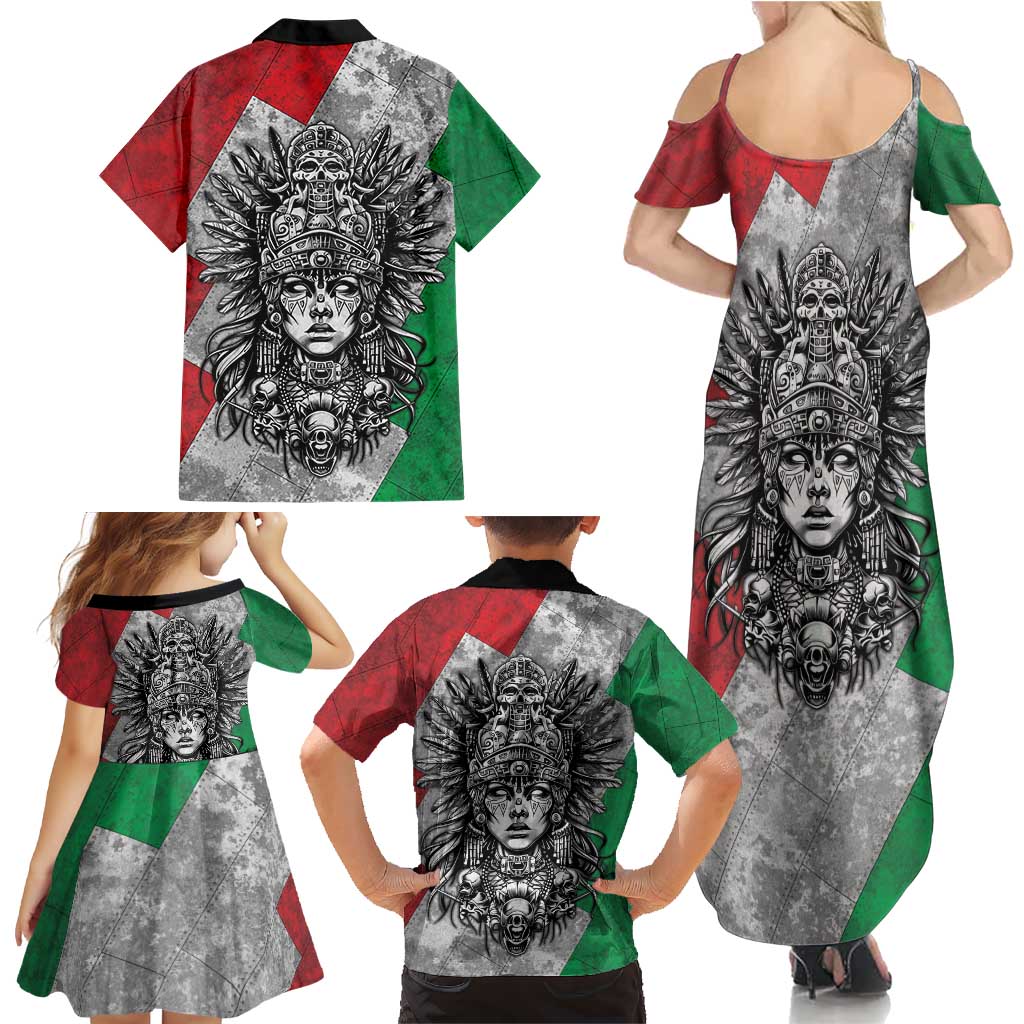 Mexico Aztec Warrior Goddess Family Matching Summer Maxi Dress and Hawaiian Shirt Aztec Tribal Skull Tricolor Armor