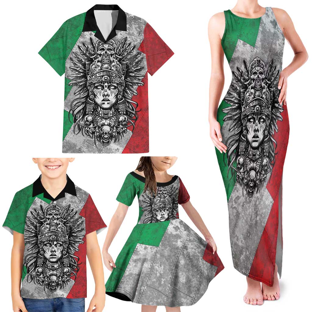 Mexico Aztec Warrior Goddess Family Matching Tank Maxi Dress and Hawaiian Shirt Aztec Tribal Skull Tricolor Armor