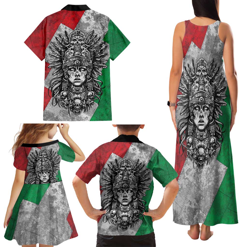 Mexico Aztec Warrior Goddess Family Matching Tank Maxi Dress and Hawaiian Shirt Aztec Tribal Skull Tricolor Armor