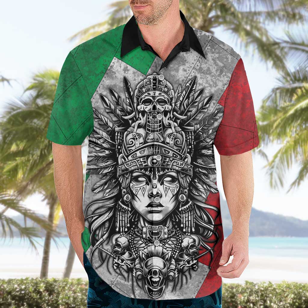 Mexico Aztec Warrior Goddess Hawaiian Shirt Aztec Tribal Skull Tricolor Armor