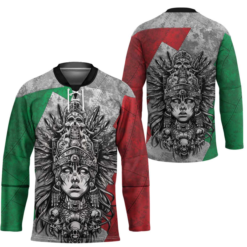 Mexico Aztec Warrior Goddess Hockey Jersey Aztec Tribal Skull Tricolor Armor