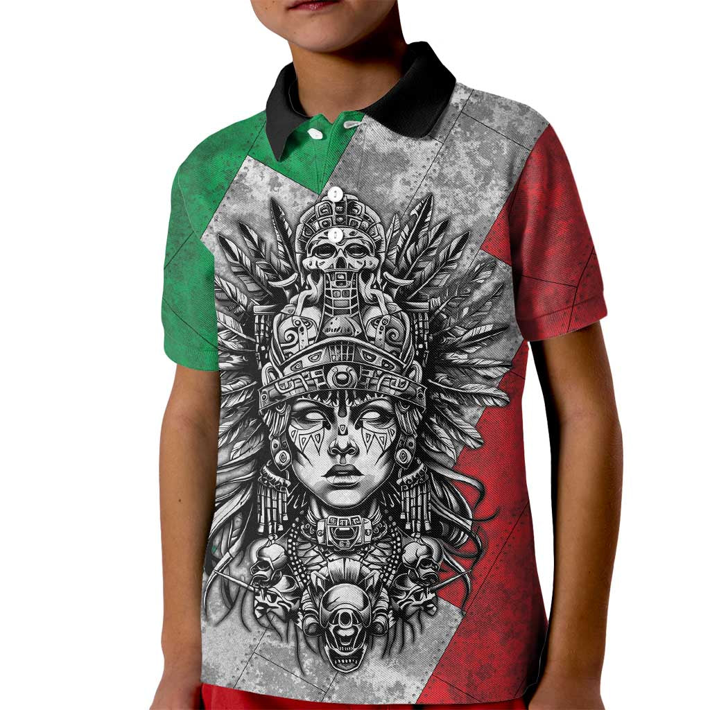 Mexico Aztec Warrior Goddess Kid Polo Shirt Aztec Tribal Skull Tricolor Armor