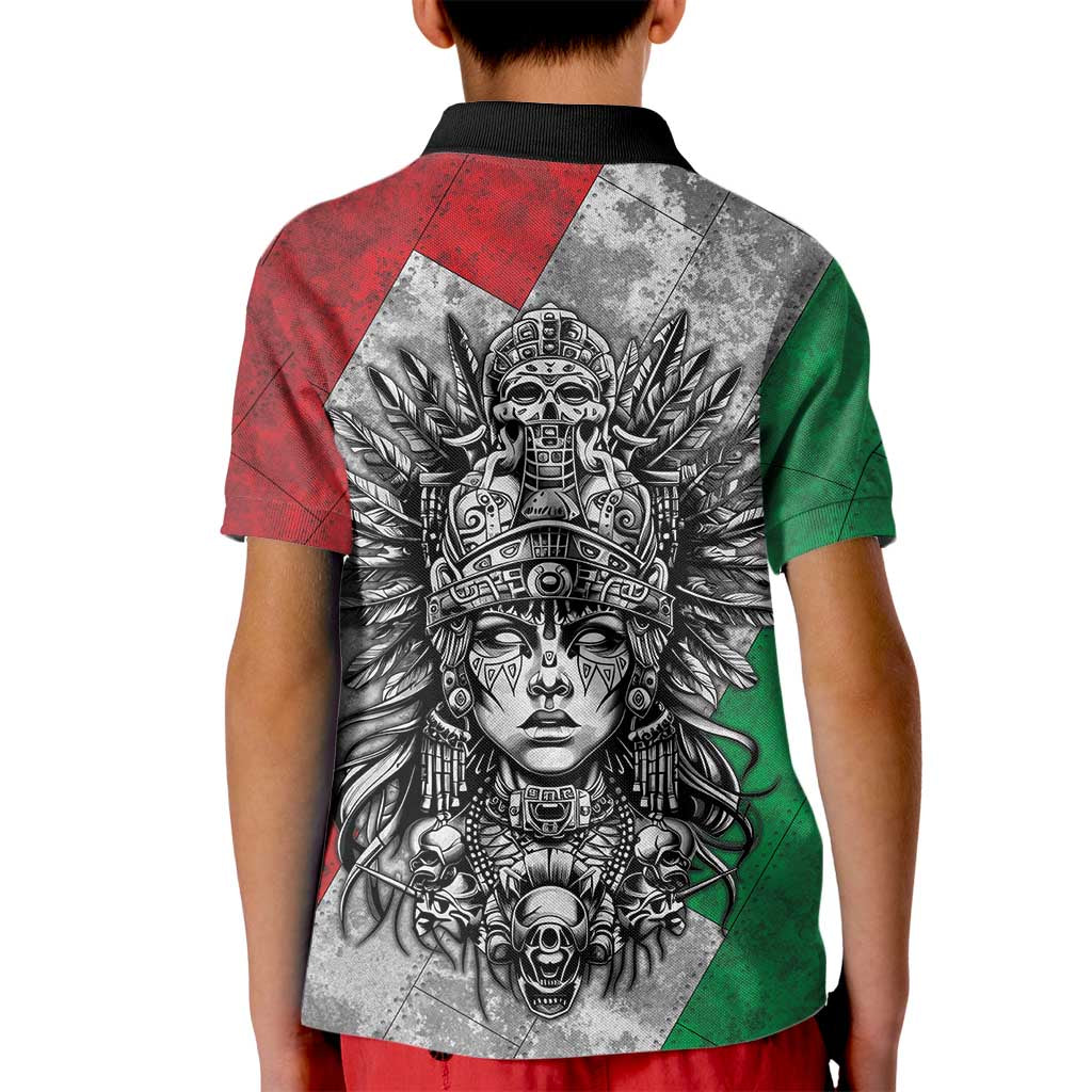Mexico Aztec Warrior Goddess Kid Polo Shirt Aztec Tribal Skull Tricolor Armor