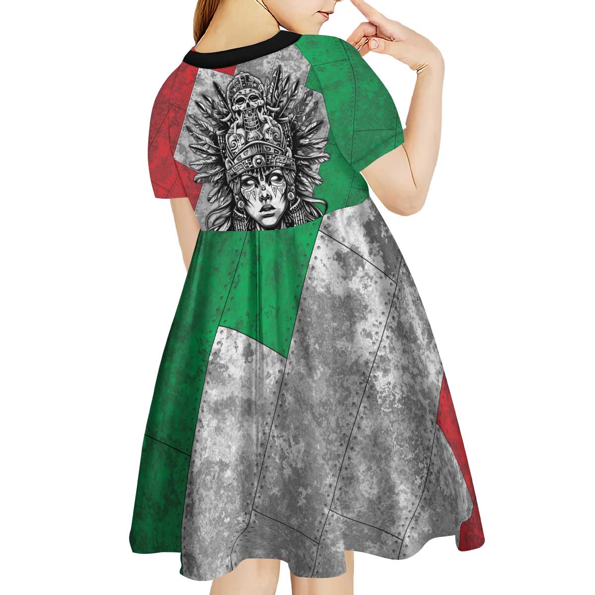 Mexico Aztec Warrior Goddess Kid Short Sleeve Dress Aztec Tribal Skull Tricolor Armor