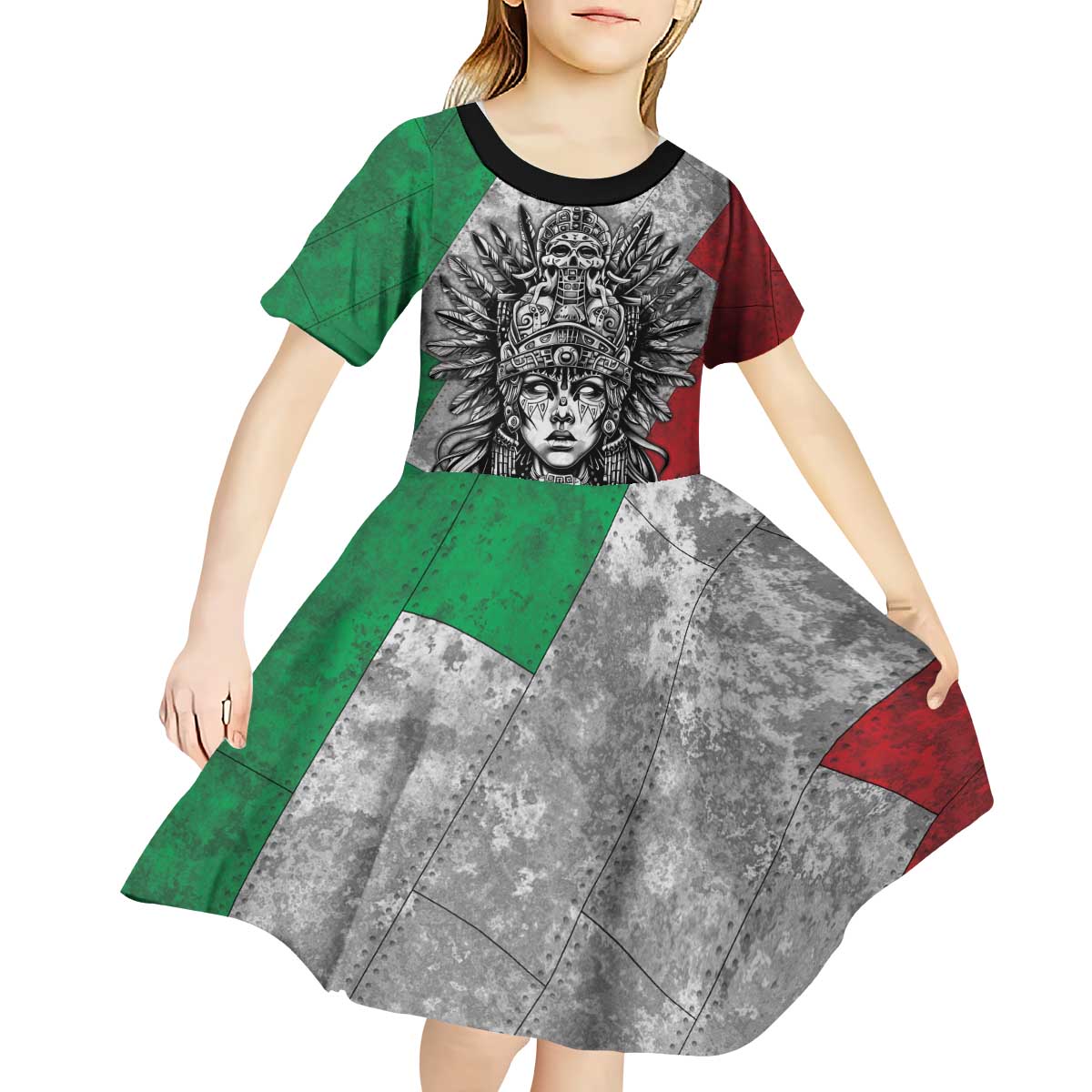 Mexico Aztec Warrior Goddess Kid Short Sleeve Dress Aztec Tribal Skull Tricolor Armor