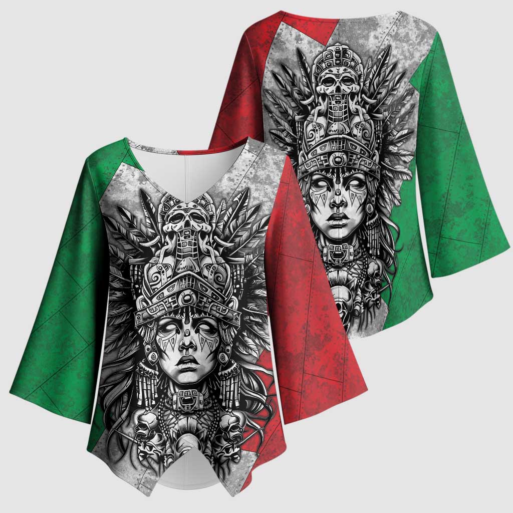 Mexico Aztec Warrior Goddess Kimono Sleeve Blouse Aztec Tribal Skull Tricolor Armor