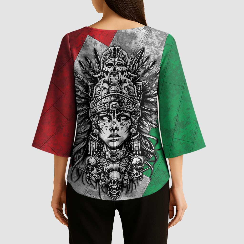 Mexico Aztec Warrior Goddess Kimono Sleeve Blouse Aztec Tribal Skull Tricolor Armor