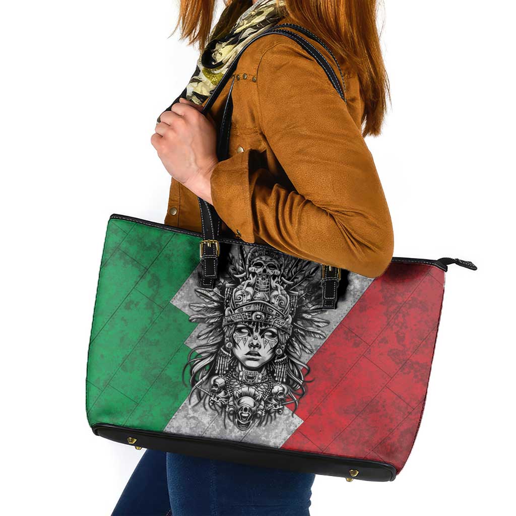 Mexico Aztec Warrior Goddess Leather Tote Bag Aztec Tribal Skull Tricolor Armor