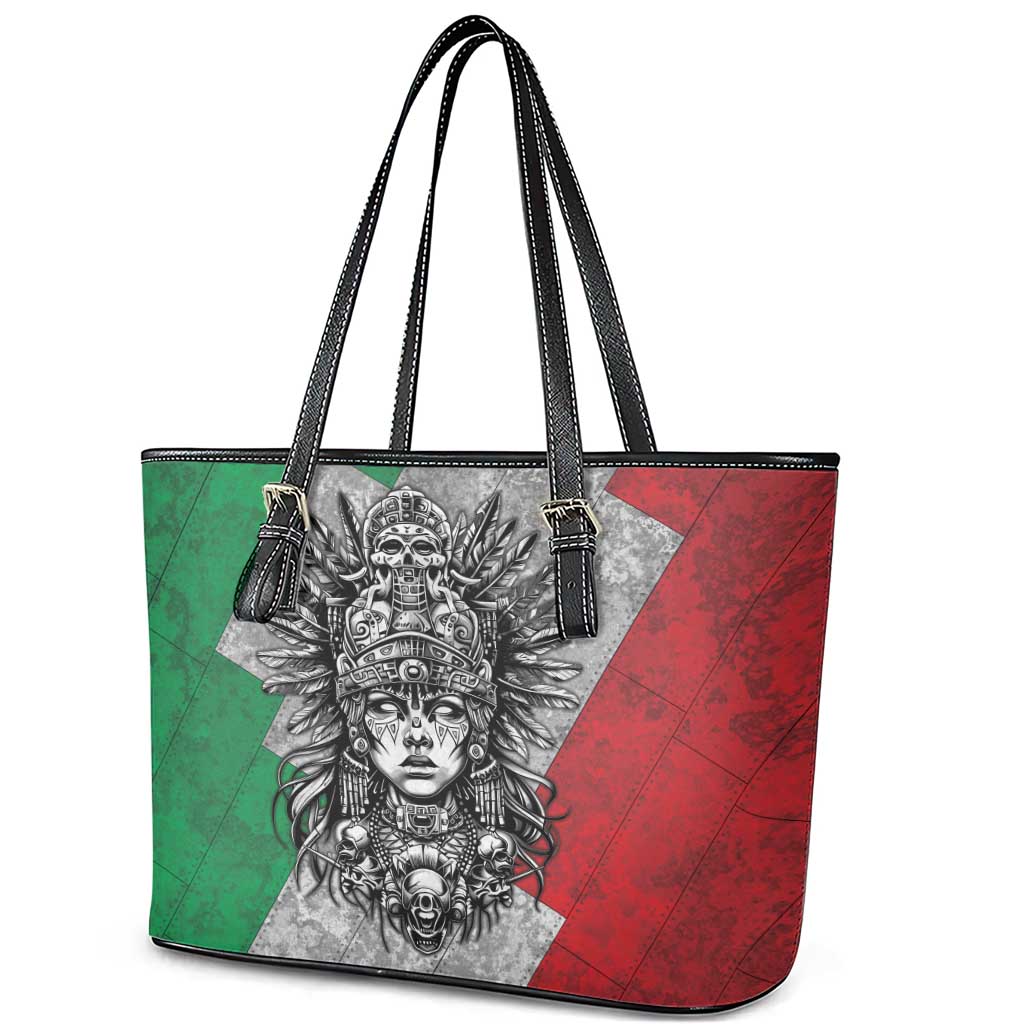 Mexico Aztec Warrior Goddess Leather Tote Bag Aztec Tribal Skull Tricolor Armor