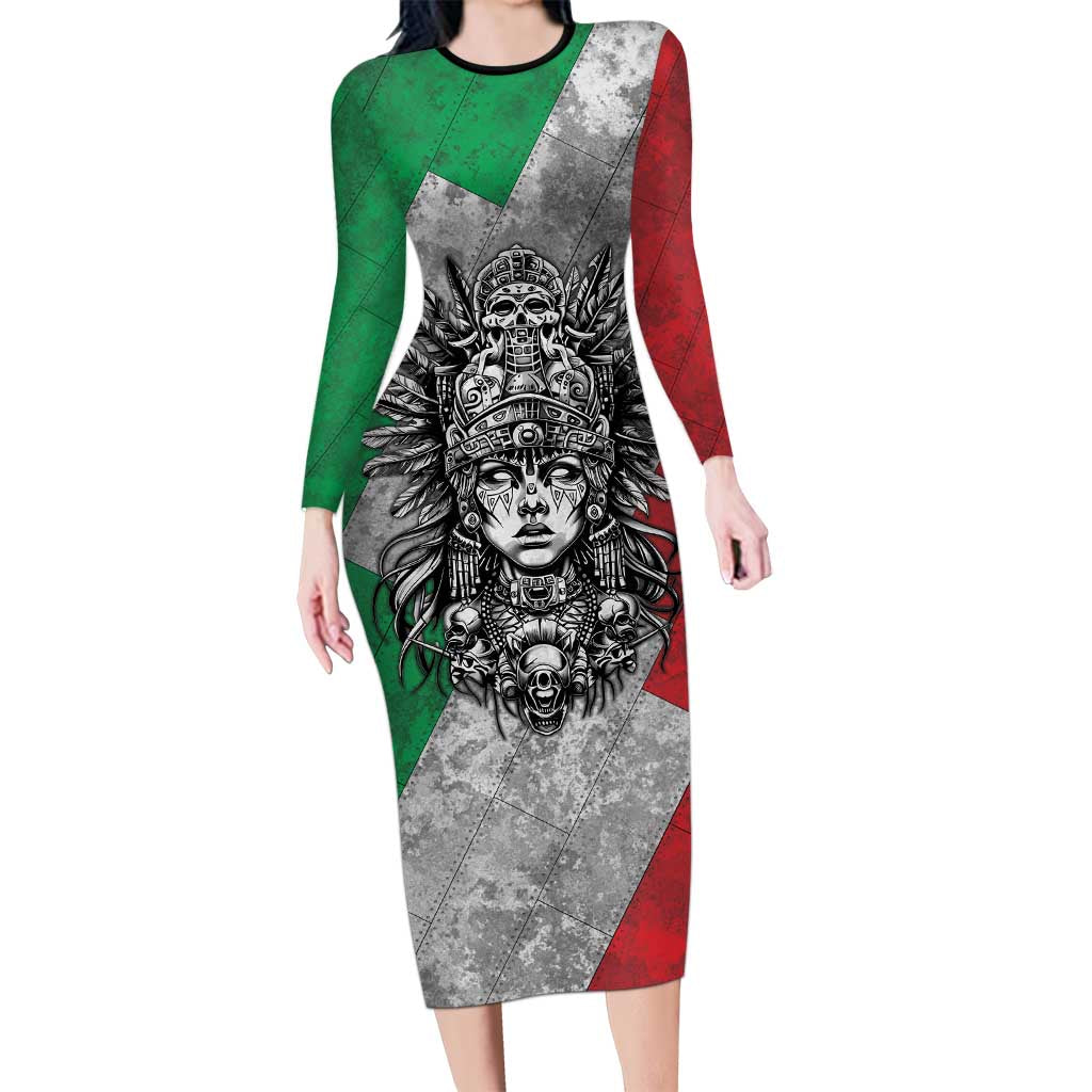 Mexico Aztec Warrior Goddess Long Sleeve Bodycon Dress Aztec Tribal Skull Tricolor Armor
