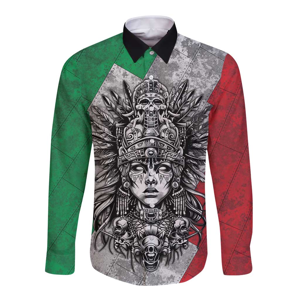 Mexico Aztec Warrior Goddess Long Sleeve Button Shirt Aztec Tribal Skull Tricolor Armor