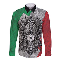 Mexico Aztec Warrior Goddess Long Sleeve Button Shirt Aztec Tribal Skull Tricolor Armor