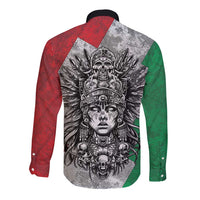 Mexico Aztec Warrior Goddess Long Sleeve Button Shirt Aztec Tribal Skull Tricolor Armor