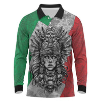 Mexico Aztec Warrior Goddess Long Sleeve Polo Shirt Aztec Tribal Skull Tricolor Armor