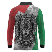 Mexico Aztec Warrior Goddess Long Sleeve Polo Shirt Aztec Tribal Skull Tricolor Armor