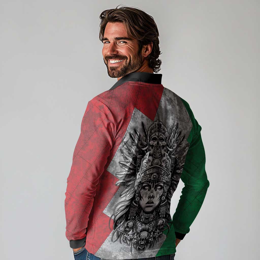 Mexico Aztec Warrior Goddess Long Sleeve Polo Shirt Aztec Tribal Skull Tricolor Armor
