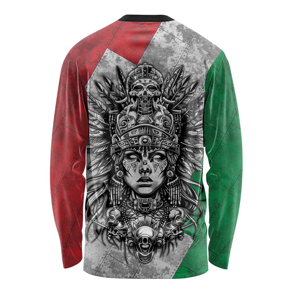 Mexico Aztec Warrior Goddess Long Sleeve Shirt Aztec Tribal Skull Tricolor Armor