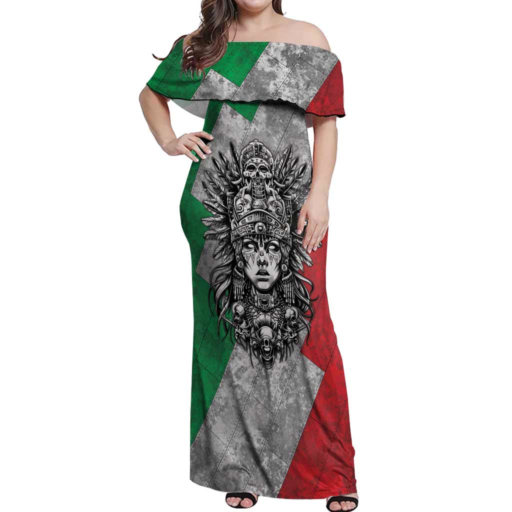 Mexico Aztec Warrior Goddess Off Shoulder Maxi Dress Aztec Tribal Skull Tricolor Armor