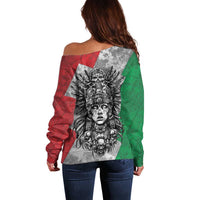 Mexico Aztec Warrior Goddess Off Shoulder Sweater Aztec Tribal Skull Tricolor Armor