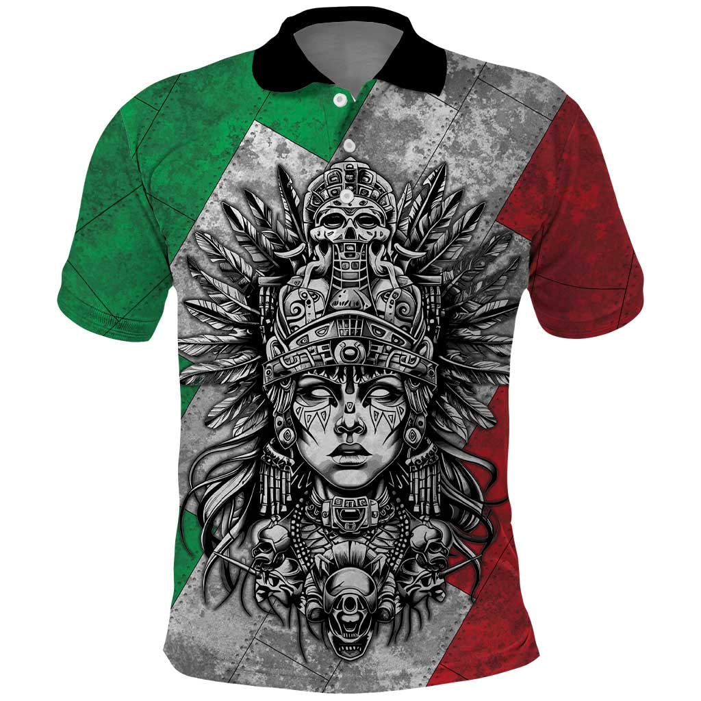 Mexico Aztec Warrior Goddess Polo Shirt Aztec Tribal Skull Tricolor Armor